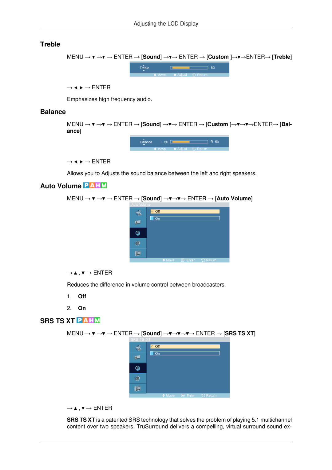 Samsung LH70OUTQBC/EN manual Treble, Balance, Auto Volume 