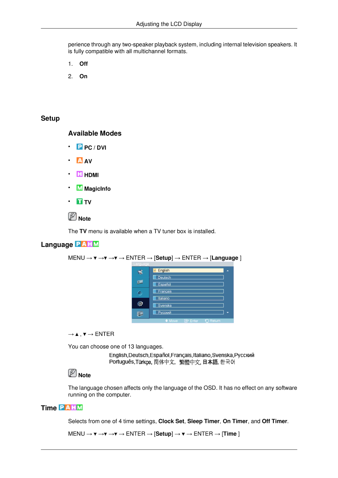 Samsung LH70OUTQBC/EN manual Setup Available Modes, Language, Time 