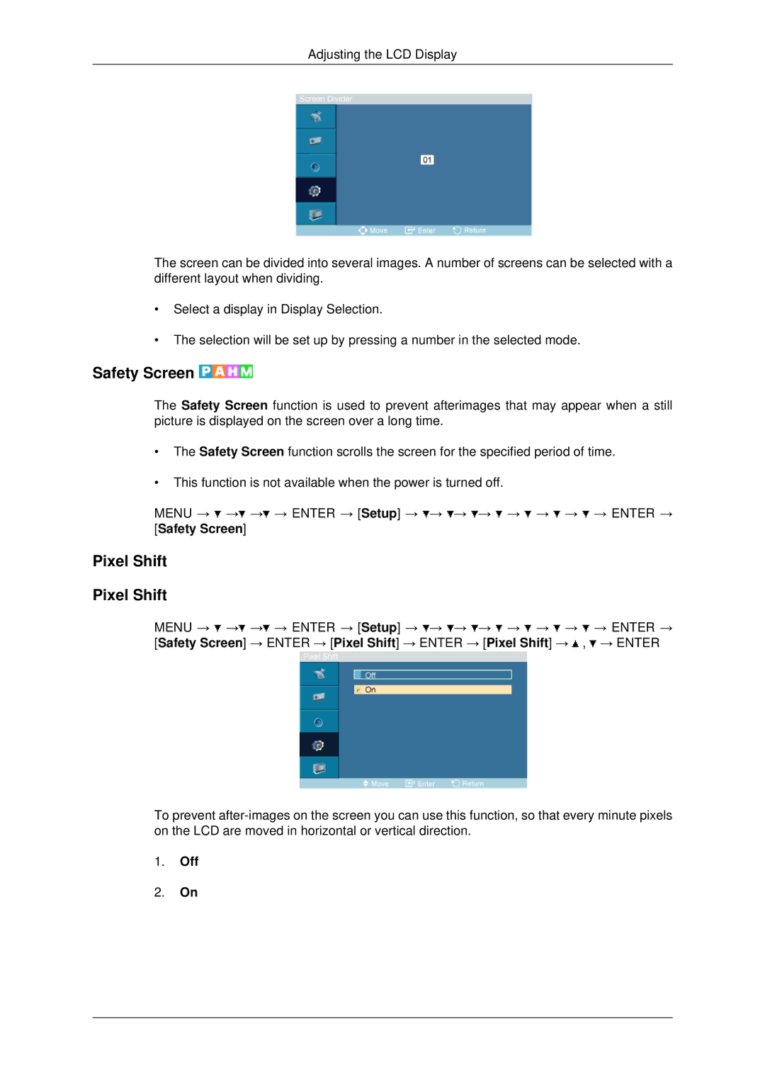 Samsung LH70OUTQBC/EN manual Safety Screen, Pixel Shift 