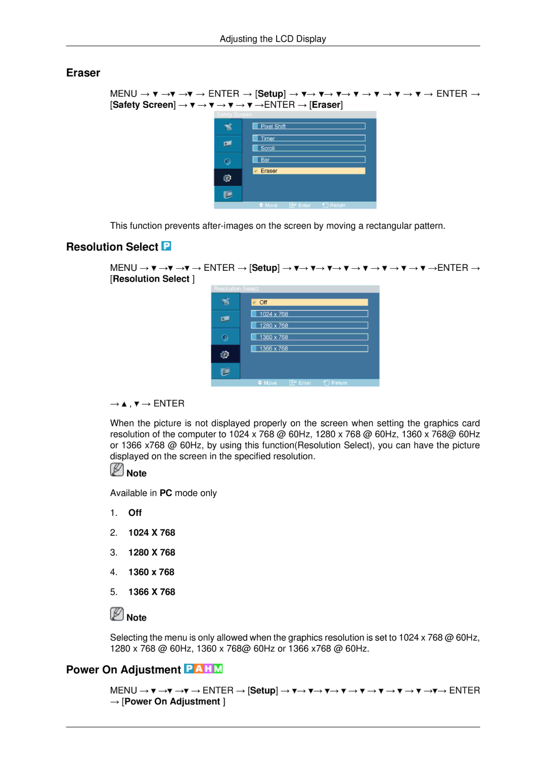 Samsung LH70OUTQBC/EN manual Eraser, Resolution Select, Power On Adjustment, Off 1024 X 1280 X 1360 x 1366 X 