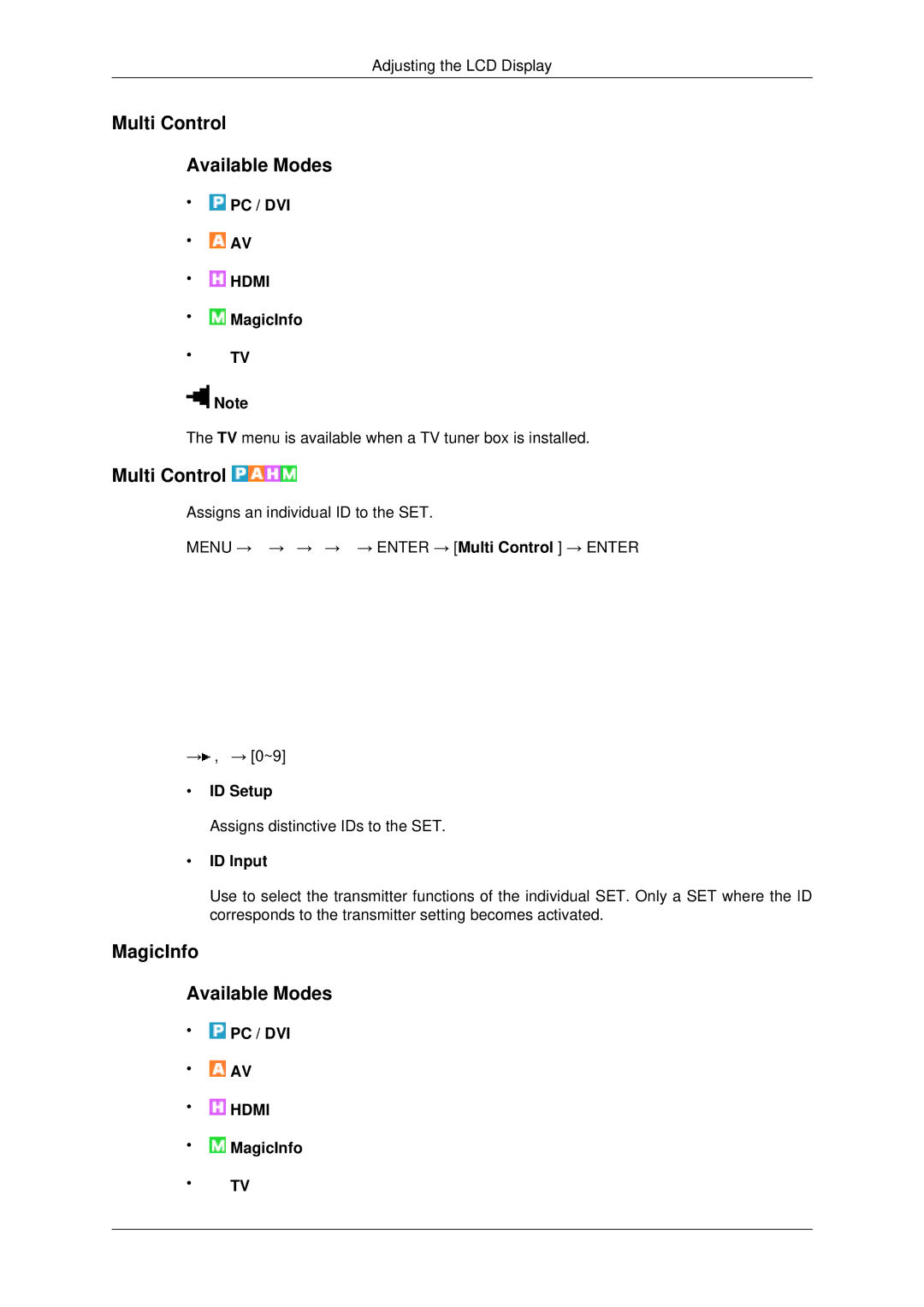 Samsung LH70OUTQBC/EN manual Multi Control Available Modes, MagicInfo Available Modes, ID Setup, ID Input 