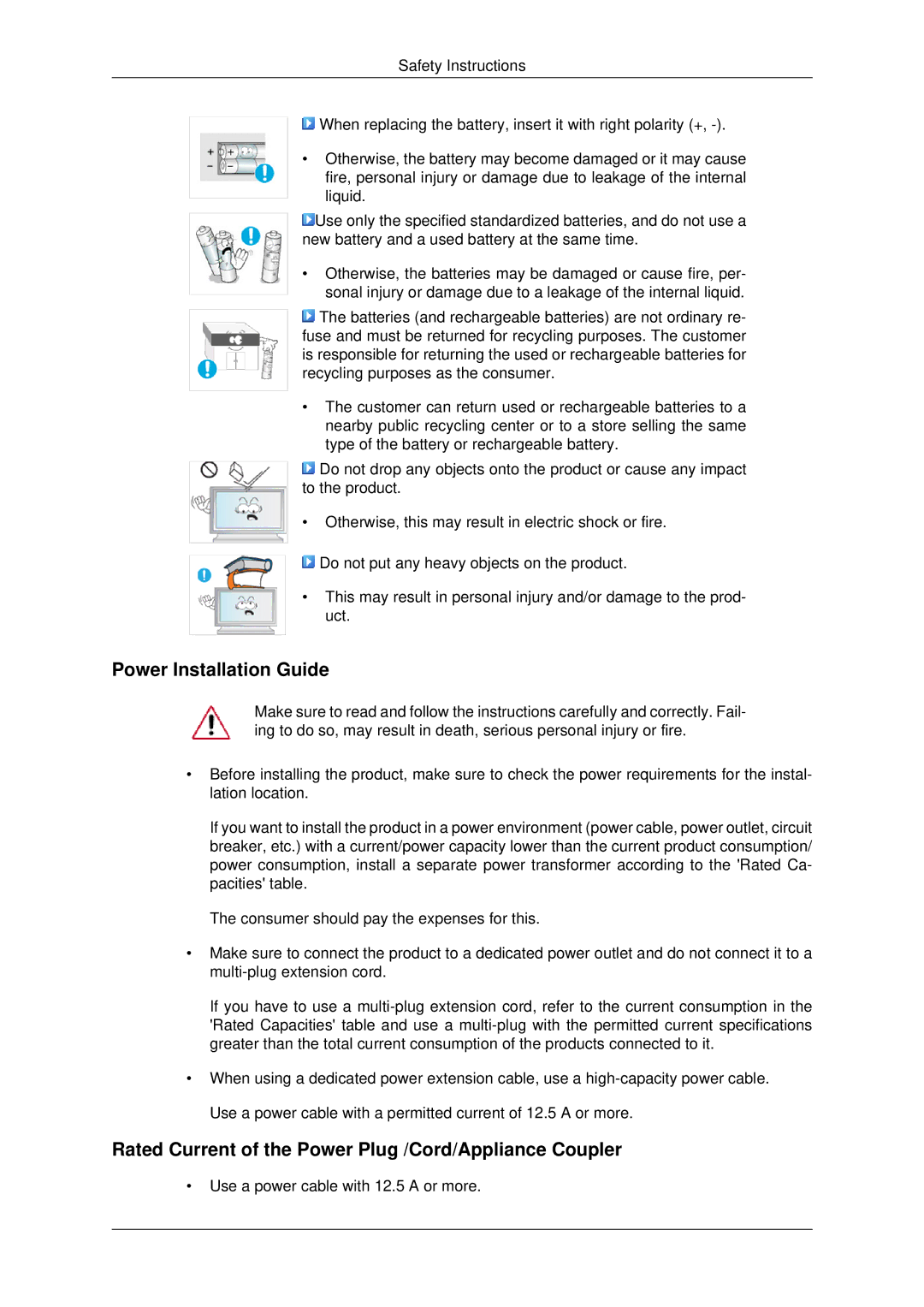 Samsung LH70OUTQBC/EN manual Power Installation Guide, Rated Current of the Power Plug /Cord/Appliance Coupler 