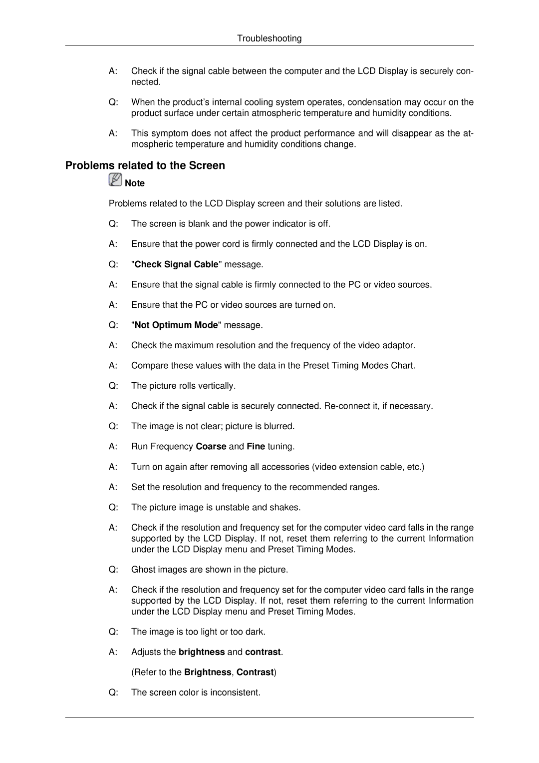 Samsung LH70OUTQBC/EN manual Problems related to the Screen, Check Signal Cable message, Not Optimum Mode message 