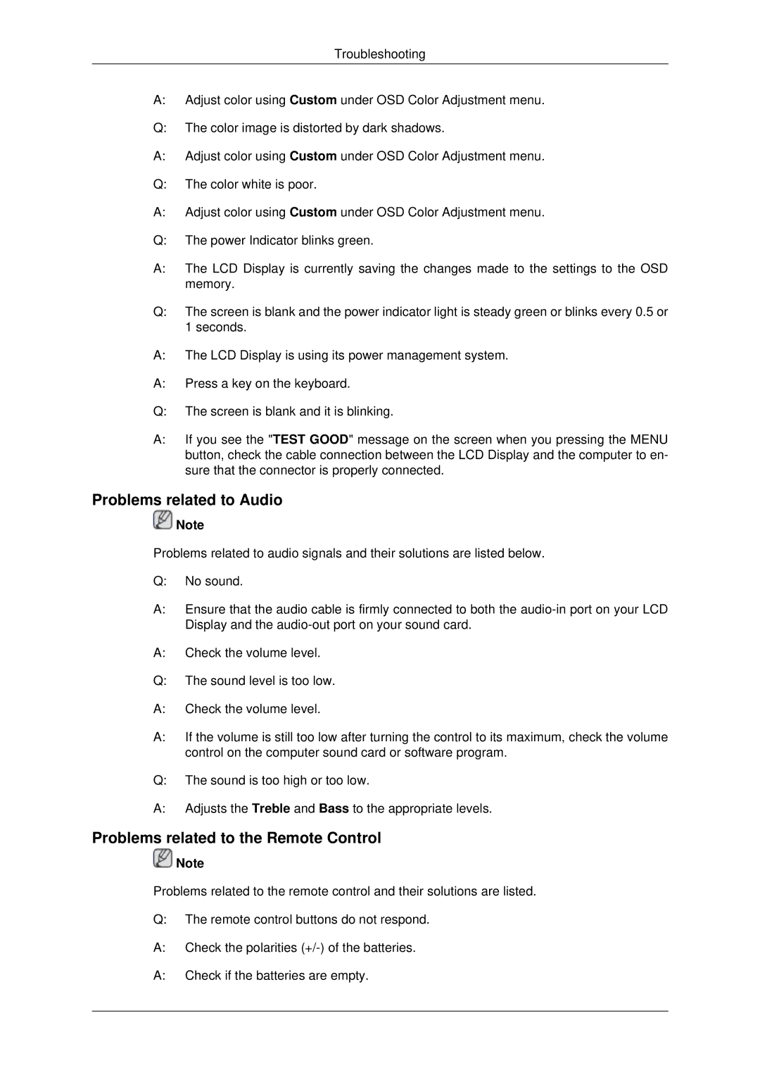 Samsung LH70OUTQBC/EN manual Problems related to Audio, Problems related to the Remote Control 