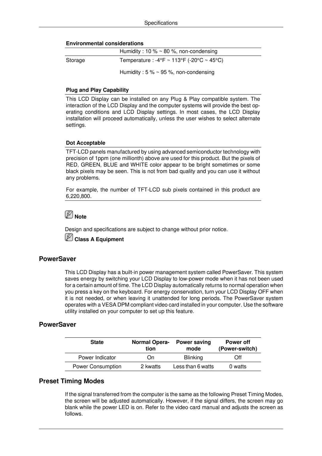 Samsung LH70OUTQBC/EN manual PowerSaver, Preset Timing Modes 