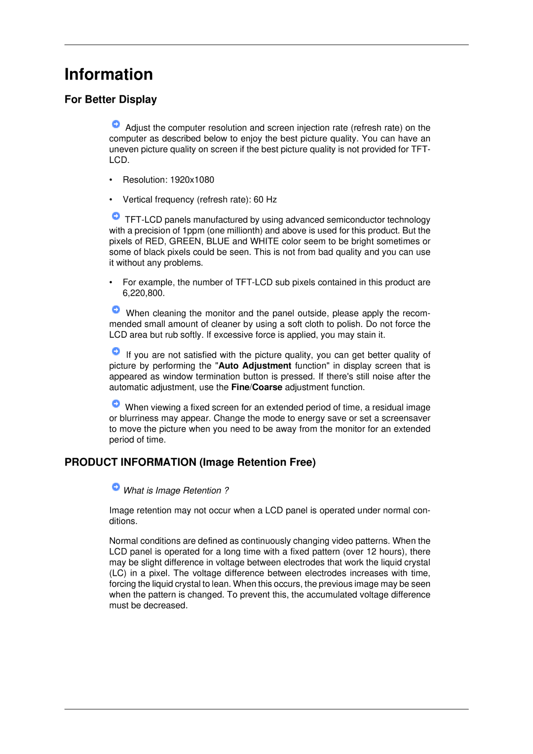 Samsung LH70OUTQBC/EN manual For Better Display, Product Information Image Retention Free 