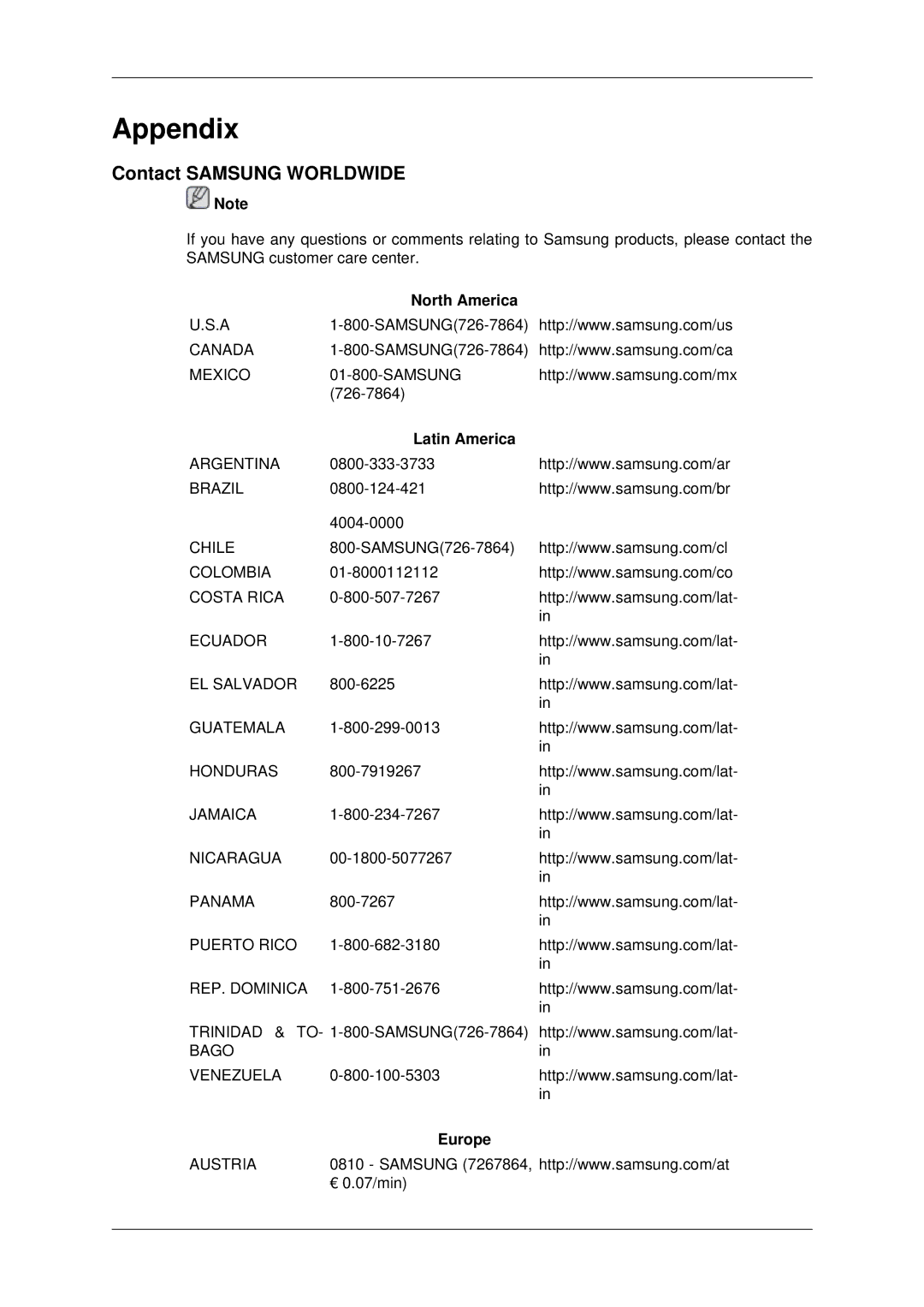 Samsung LH70OUTQBC/EN manual Contact Samsung Worldwide, North America, Latin America, Europe 