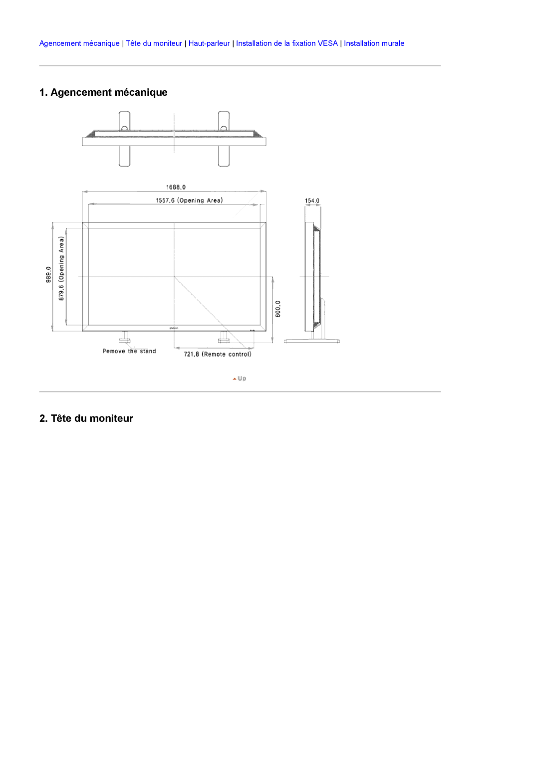 Samsung LH70TCTMBC/EN, LH82TCTMBC/EN manual Agencement mécanique Tête du moniteur 