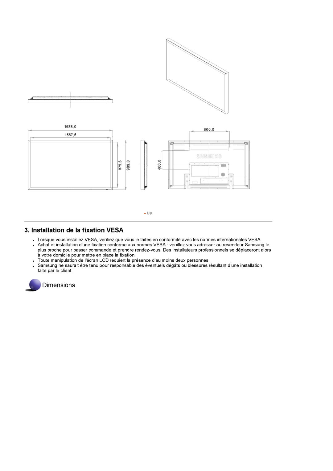 Samsung LH82TCTMBC/EN, LH70TCTMBC/EN manual Installation de la fixation Vesa 