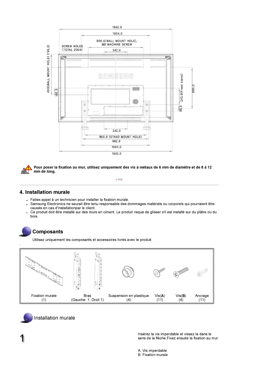 Samsung LH70TCTMBC/EN, LH82TCTMBC/EN manual Installation murale 