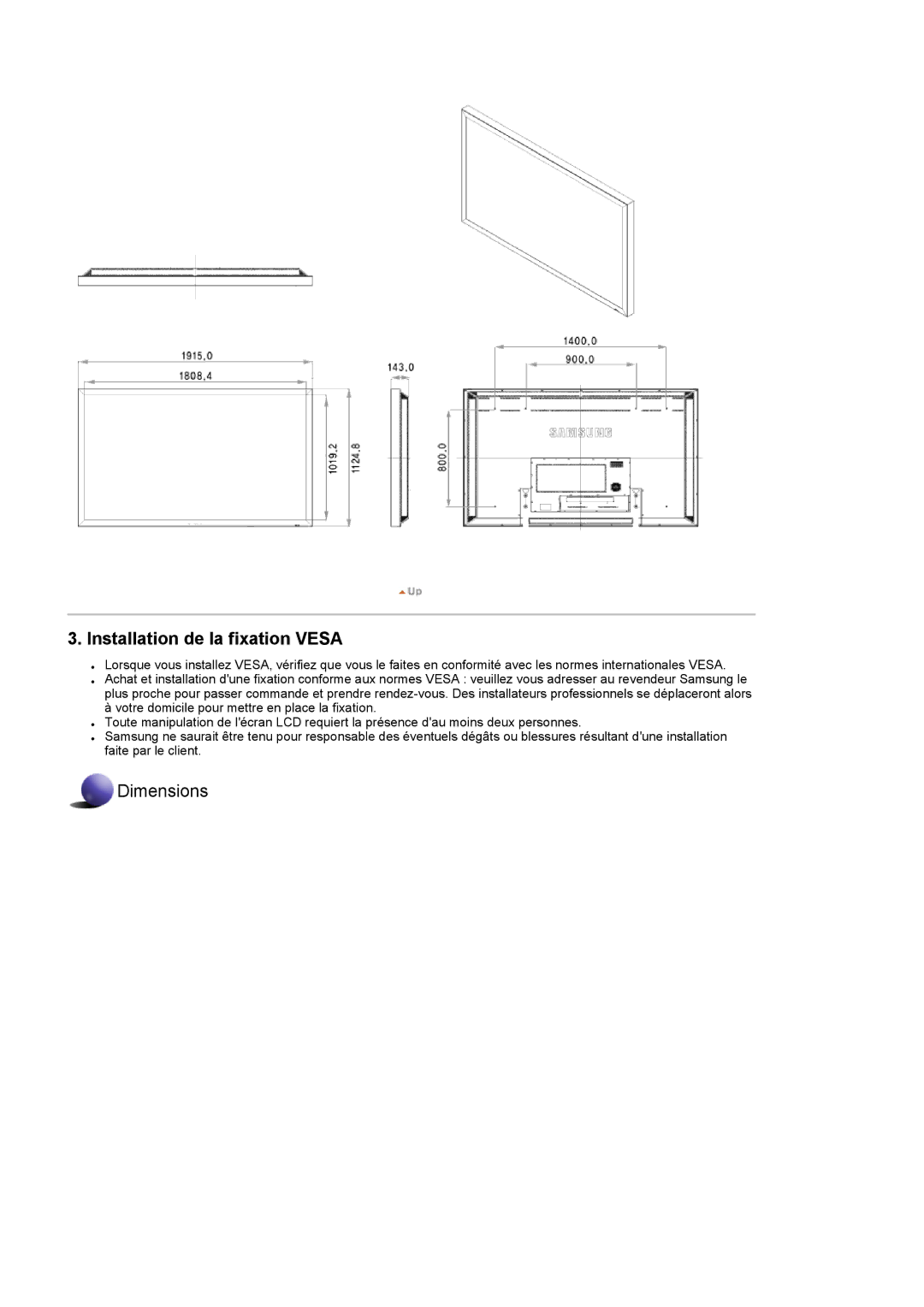 Samsung LH82TCTMBC/EN, LH70TCTMBC/EN manual Installation de la fixation Vesa 