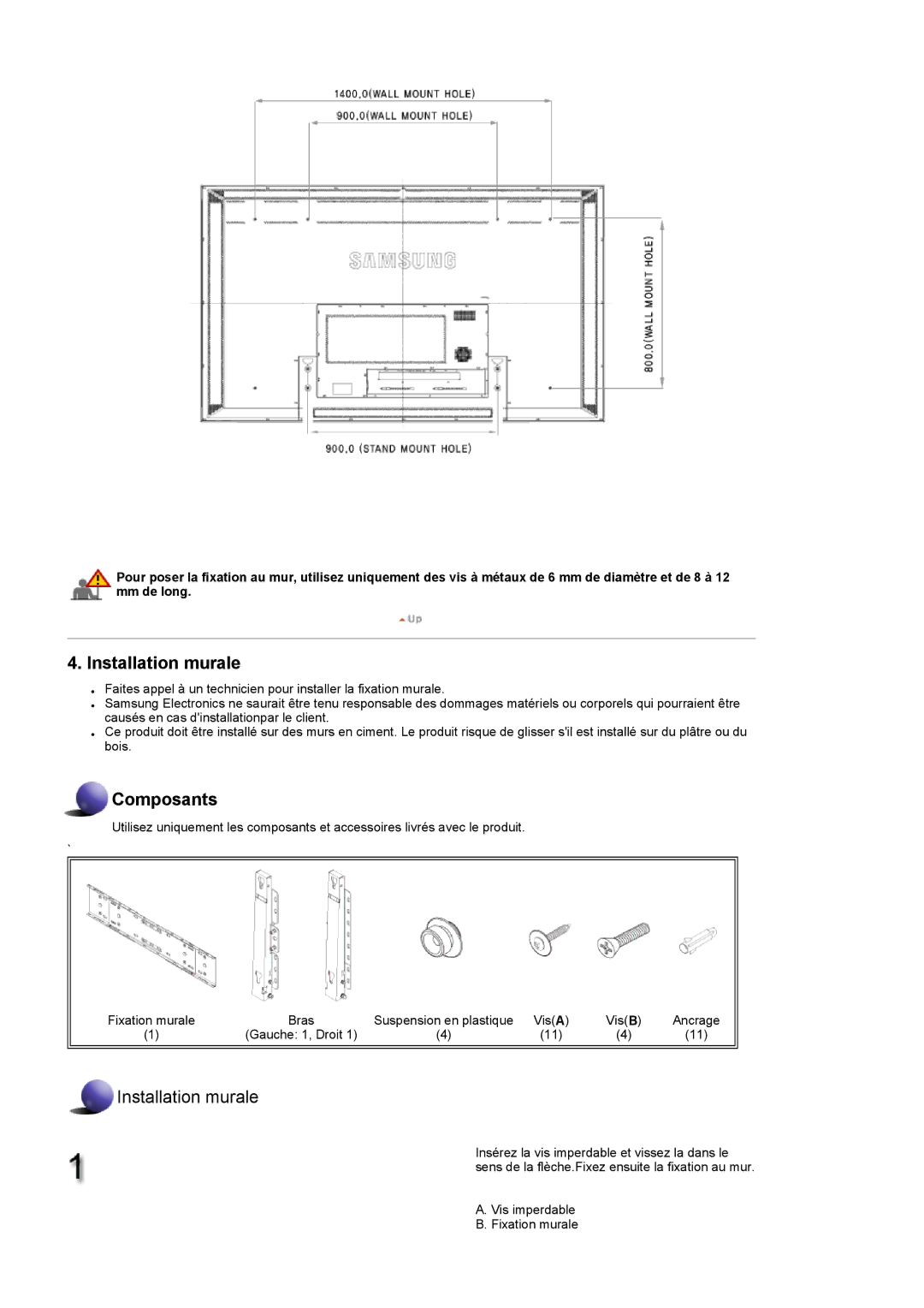 Samsung LH70TCTMBC/EN, LH82TCTMBC/EN manual Installation murale 