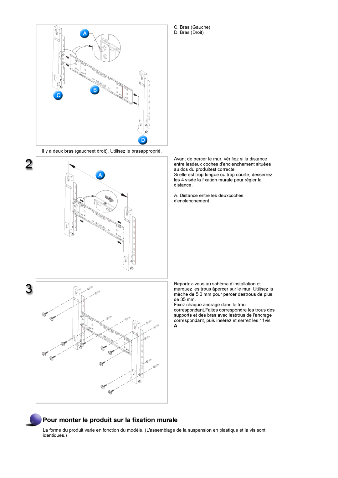 Samsung LH82TCTMBC/EN, LH70TCTMBC/EN manual Pour monter le produit sur la fixation murale 