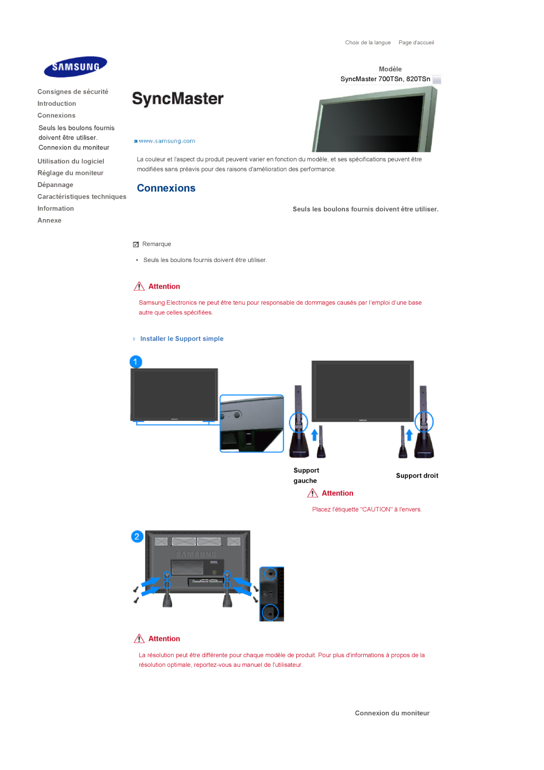 Samsung LH70TCTMBC/EN Seuls les boulons fournis doivent être utiliser, Installer le Support simple, Connexion du moniteur 