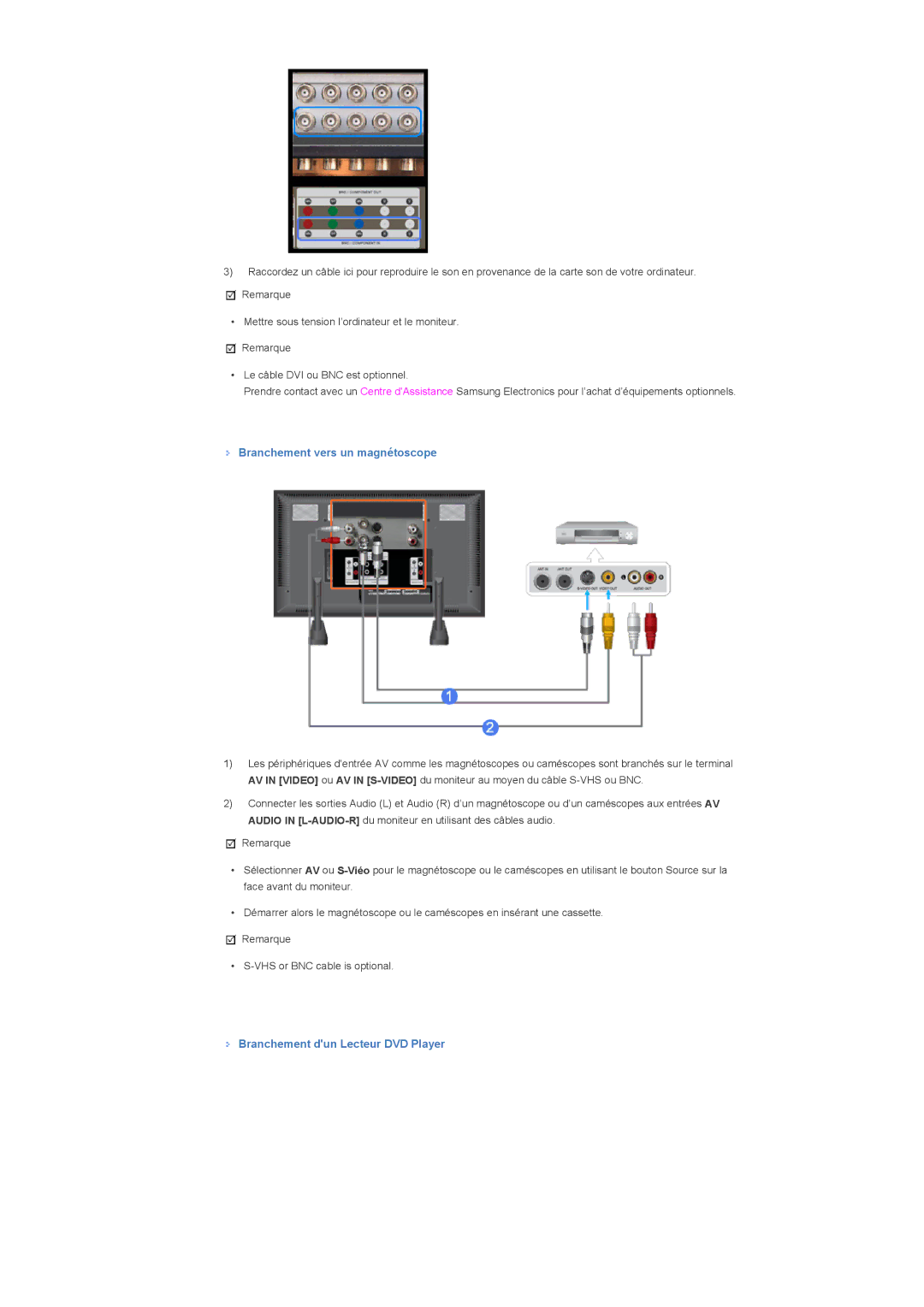 Samsung LH70TCTMBC/EN, LH82TCTMBC/EN manual Branchement vers un magnétoscope, Branchement dun Lecteur DVD Player 