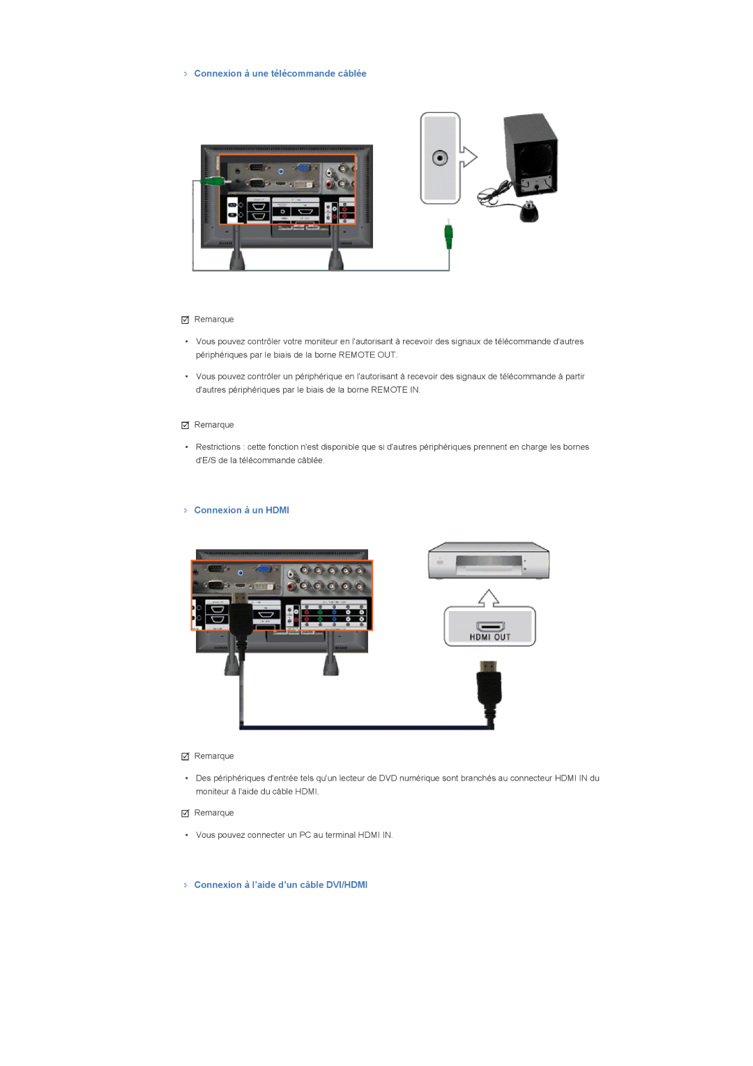 Samsung LH82TCTMBC/EN Connexion à une télécommande câblée, Connexion à un Hdmi, Connexion à l’aide d’un câble DVI/HDMI 