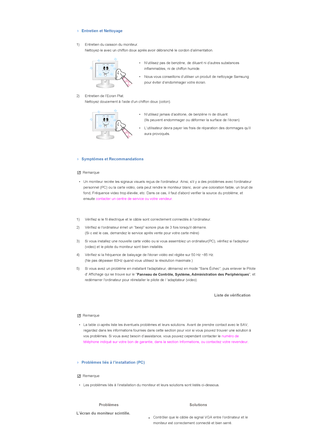 Samsung LH70TCTMBC/EN, LH82TCTMBC/EN manual Entretien et Nettoyage, Symptômes et Recommandations, Liste de vérification 