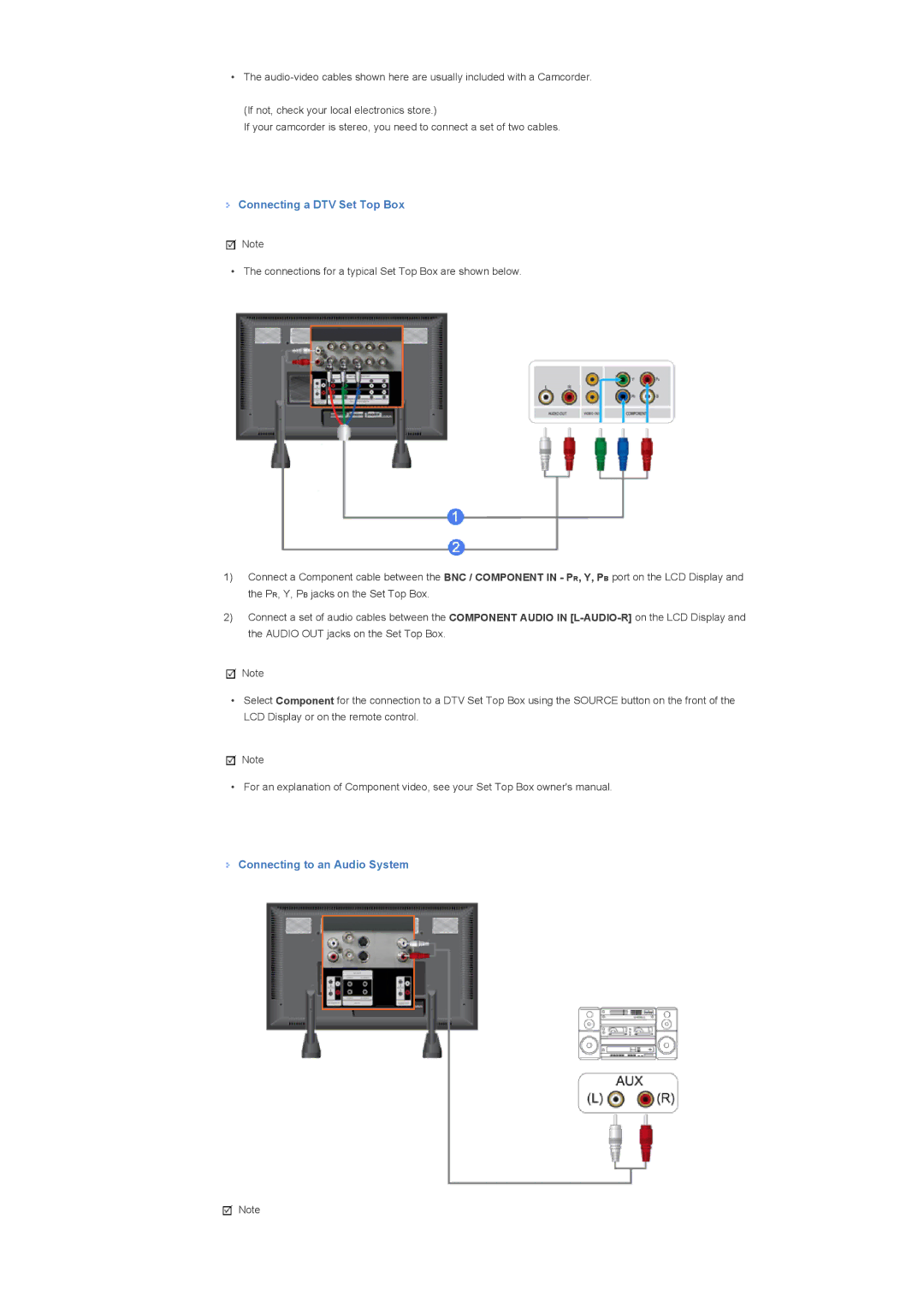 Samsung LH70TCTMBC/EN, LH82TCTMBC/EN manual Connecting a DTV Set Top Box, Connecting to an Audio System 