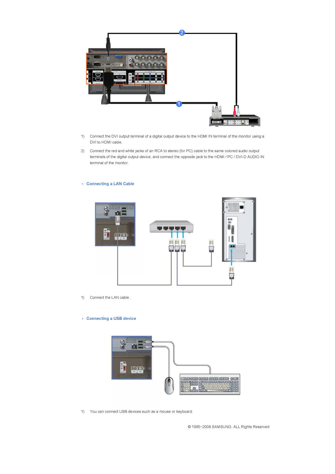 Samsung LH70TCTMBC/EN, LH82TCTMBC/EN manual Connecting a LAN Cable, Connecting a USB device 