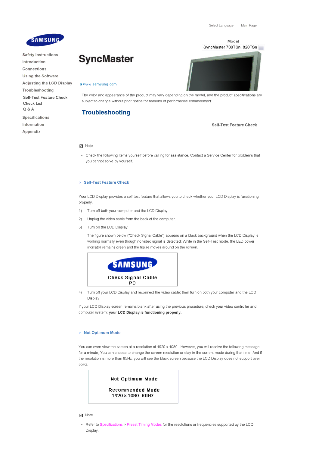 Samsung LH82TCTMBC/EN, LH70TCTMBC/EN manual Self-Test Feature Check, Not Optimum Mode 