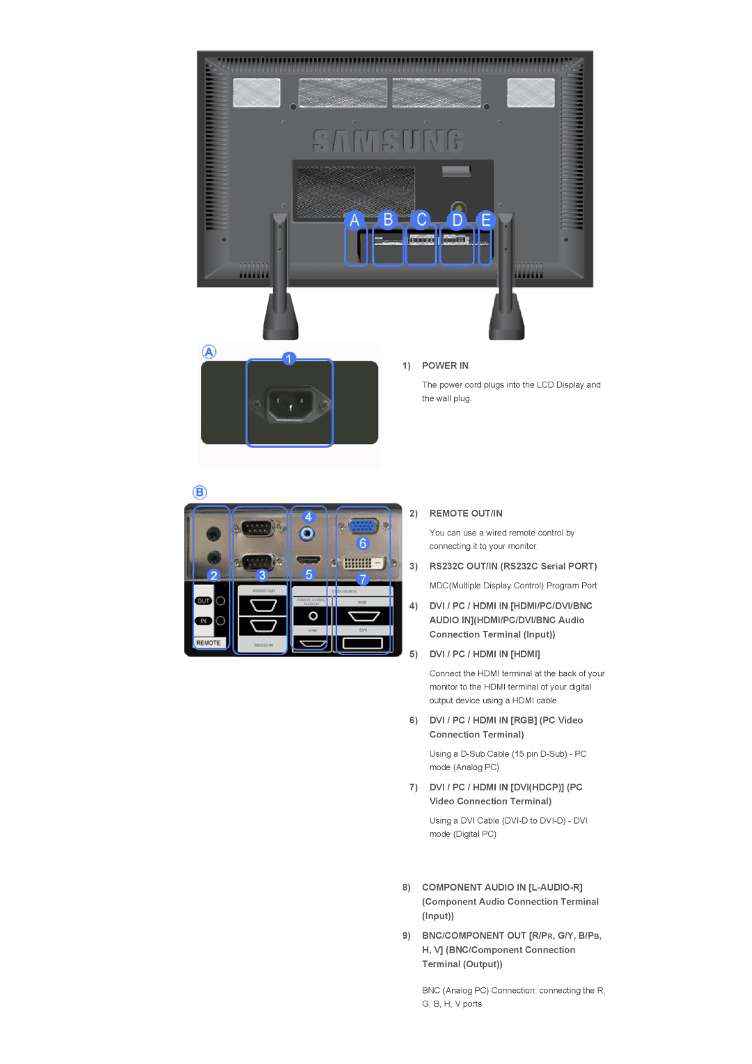 Samsung LH82TCTMBC/EN, LH70TCTMBC/EN manual Power, Remote OUT/IN, DVI / PC / Hdmi in Hdmi 