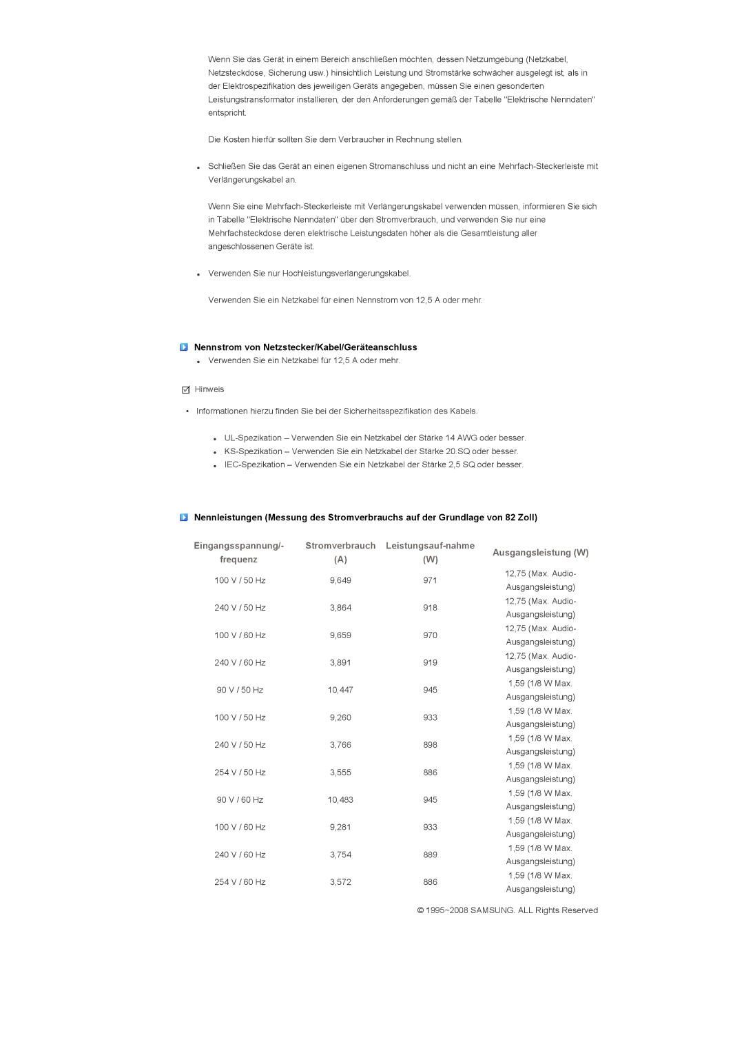 Samsung LH70TCTMBC/EN, LH82TCTMBC/EN manual Nennstrom von Netzstecker/Kabel/Geräteanschluss 