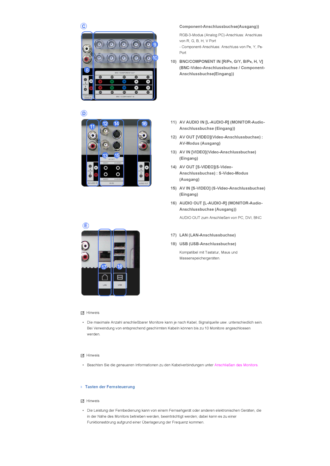 Samsung LH82TCTMBC/EN Component-AnschlussbuchseAusgang, 10 BNC/COMPONENT in R/PR, G/Y, B/PB, H, Tasten der Fernsteuerung 