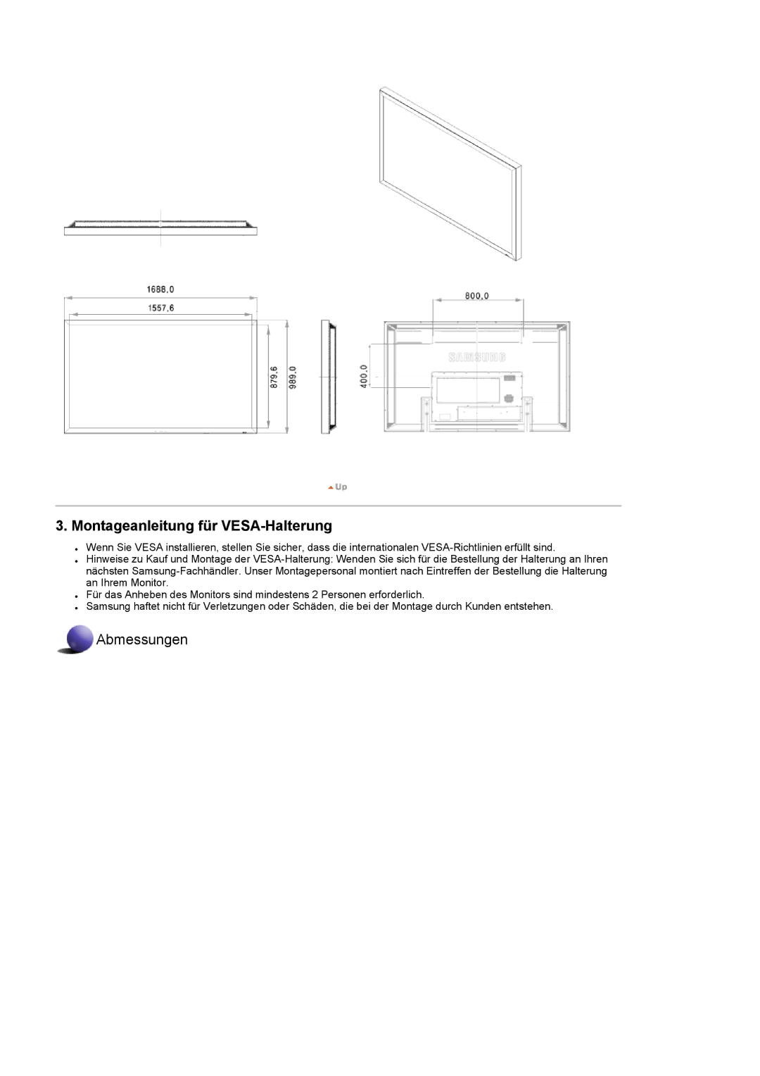 Samsung LH70TCTMBC/EN, LH82TCTMBC/EN manual Montageanleitung für VESA-Halterung 