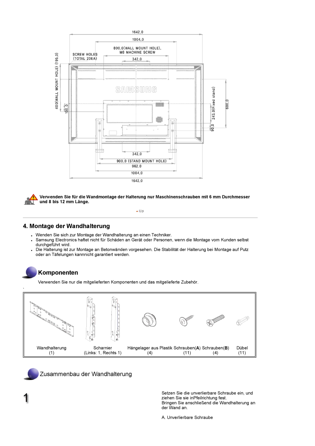 Samsung LH82TCTMBC/EN, LH70TCTMBC/EN manual Montage der Wandhalterung 