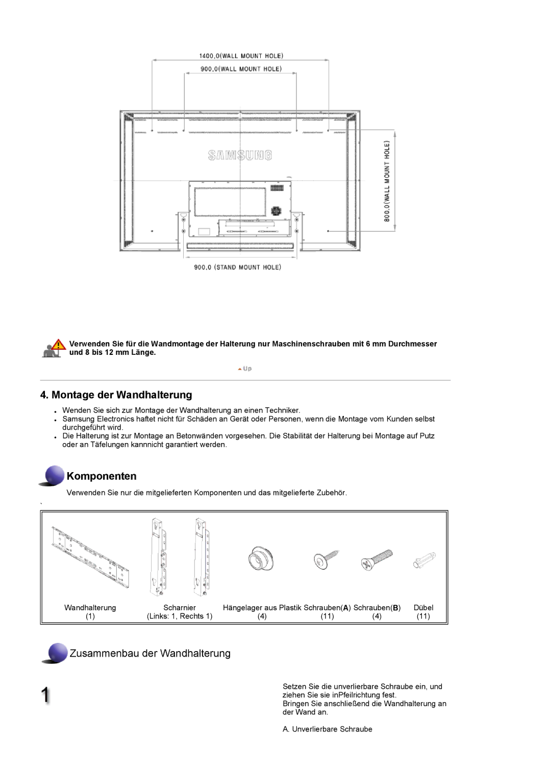 Samsung LH82TCTMBC/EN, LH70TCTMBC/EN manual Montage der Wandhalterung 