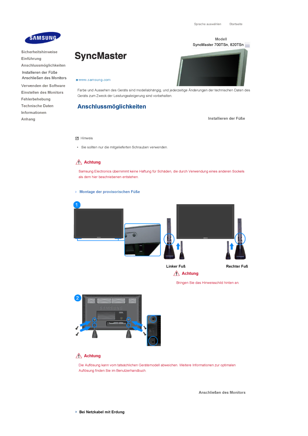 Samsung LH82TCTMBC/EN, LH70TCTMBC/EN manual Anschlussmöglichkeiten, Installieren der Füße, Montage der provisorischen Füße 