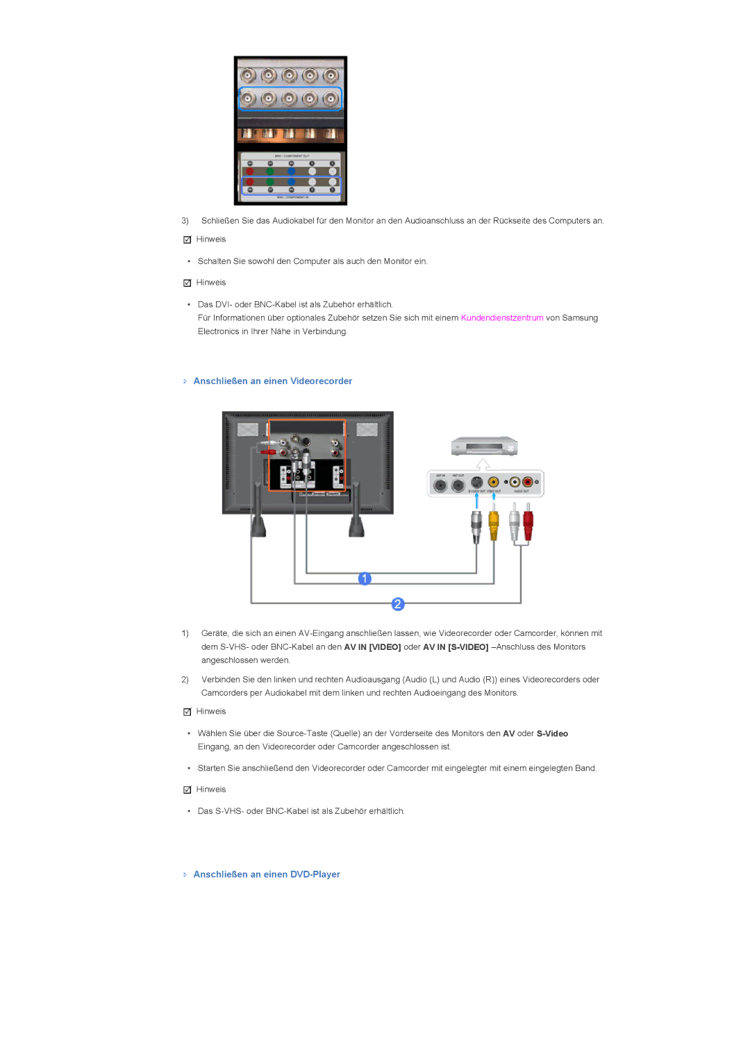 Samsung LH82TCTMBC/EN, LH70TCTMBC/EN manual Anschließen an einen Videorecorder, Anschließen an einen DVD-Player 