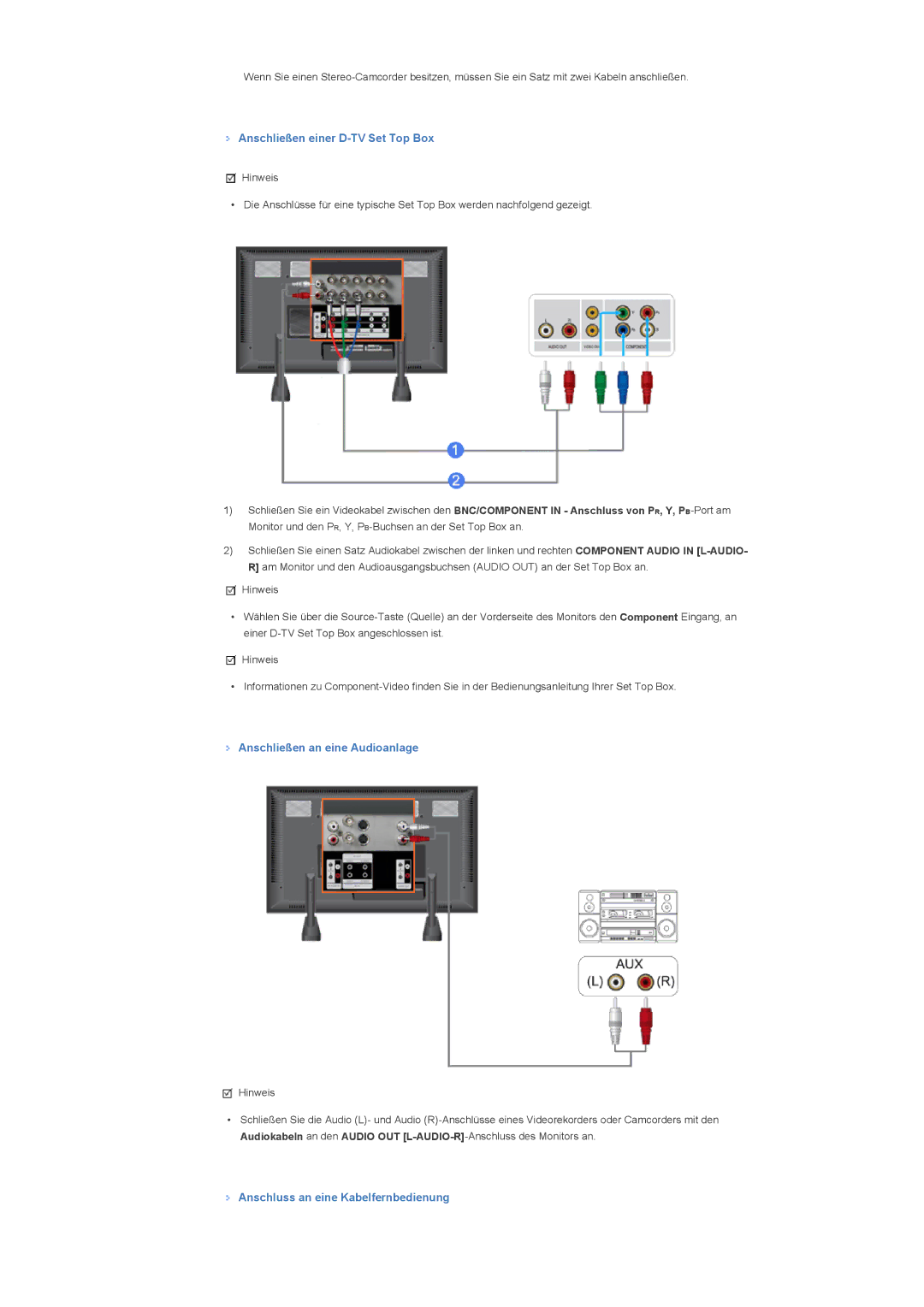 Samsung LH82TCTMBC/EN, LH70TCTMBC/EN manual Anschließen einer D-TV Set Top Box, Anschließen an eine Audioanlage 