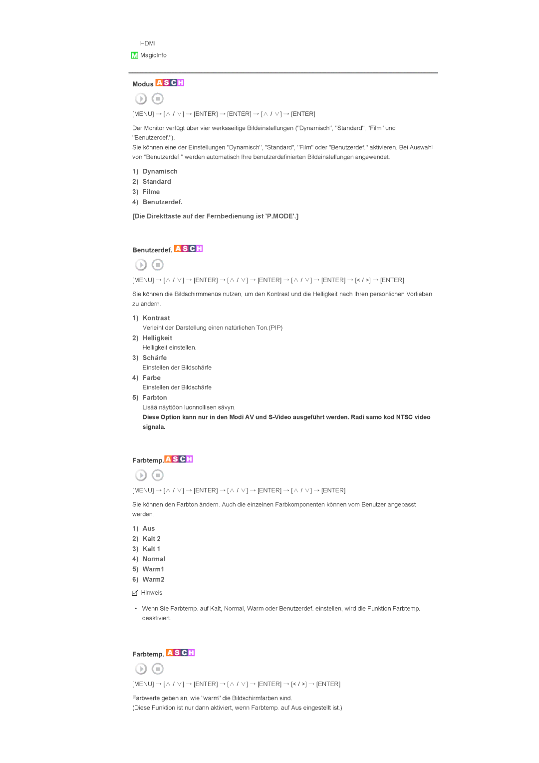 Samsung LH70TCTMBC/EN, LH82TCTMBC/EN manual Modus, Aus Kalt Normal Warm1 Warm2 