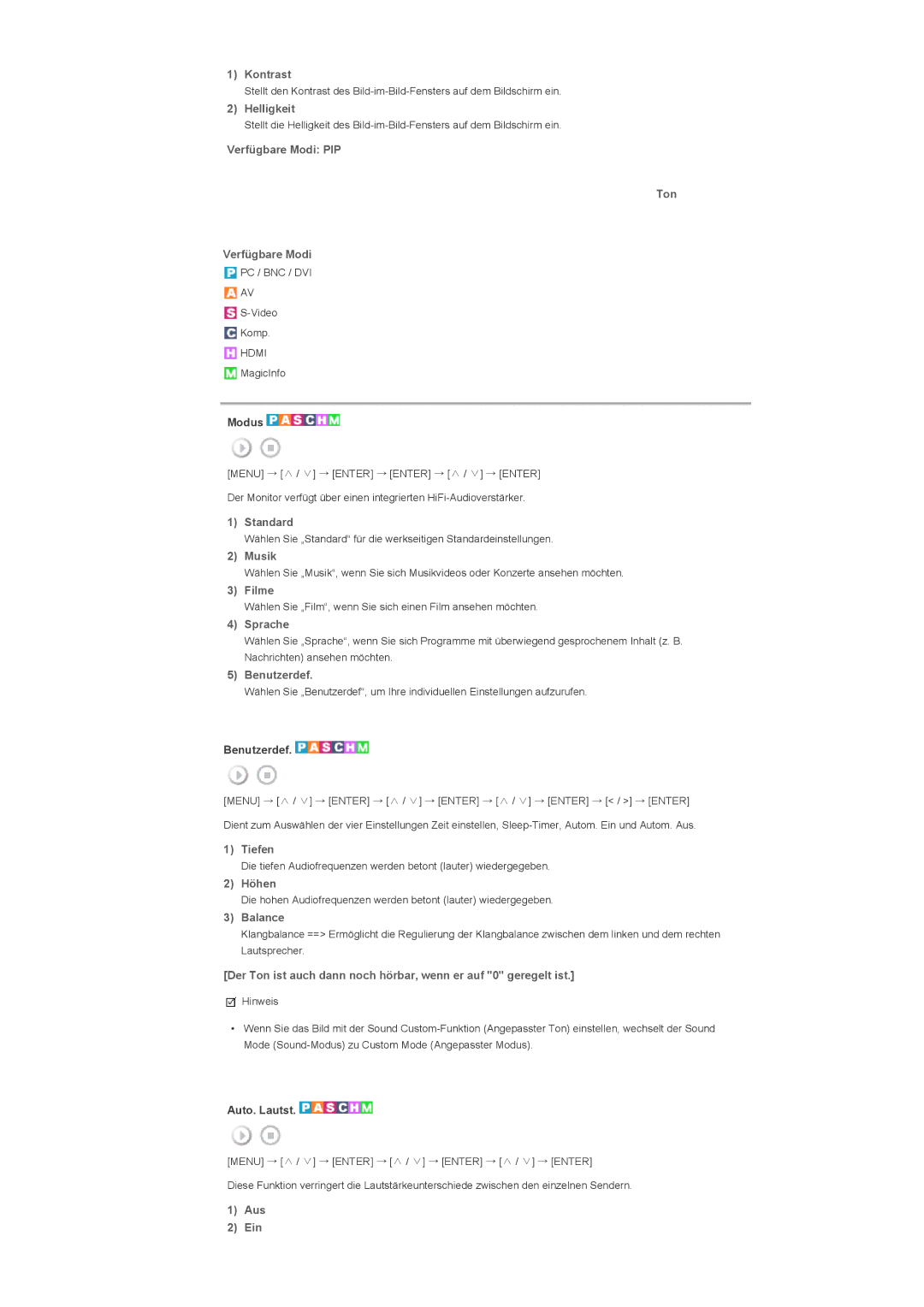 Samsung LH70TCTMBC/EN, LH82TCTMBC/EN manual Verfügbare Modi PIP Ton, Musik, Sprache, Tiefen, Höhen, Balance 