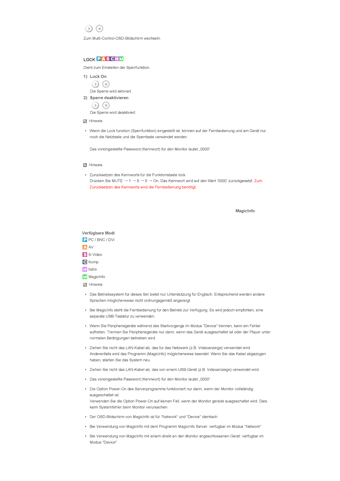Samsung LH70TCTMBC/EN, LH82TCTMBC/EN manual Lock On, Sperre deaktivieren, MagicInfo Verfügbare Modi 