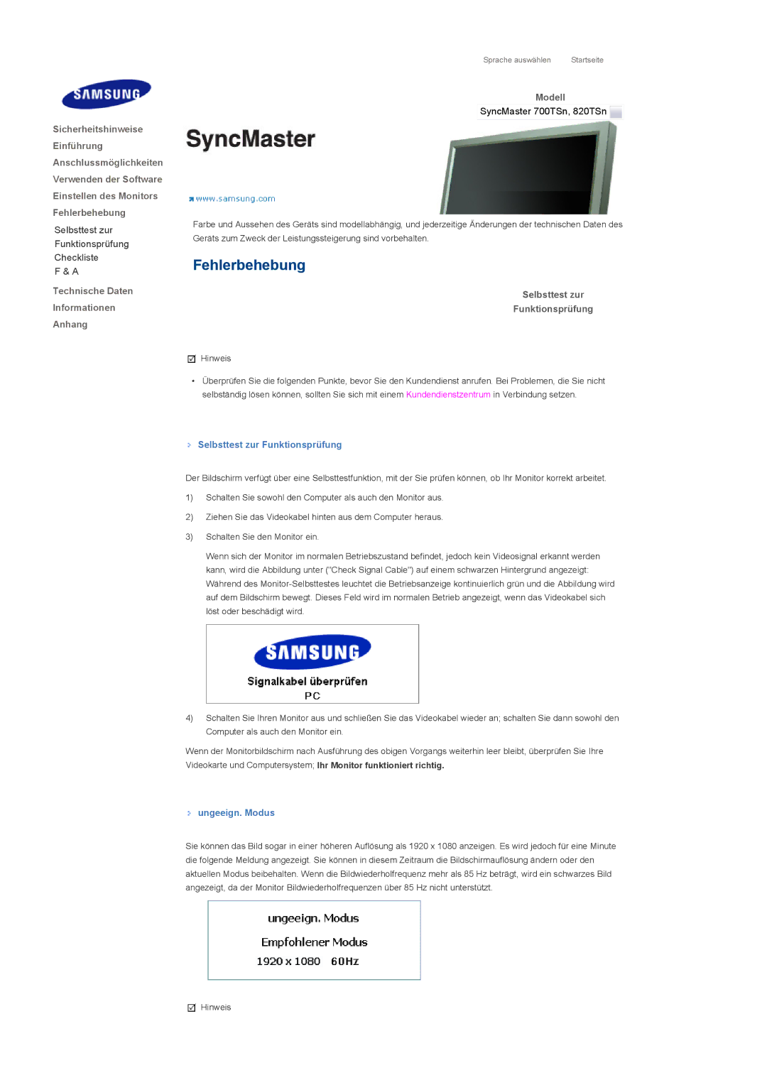 Samsung LH70TCTMBC/EN, LH82TCTMBC/EN manual Fehlerbehebung, Selbsttest zur Funktionsprüfung, Ungeeign. Modus 