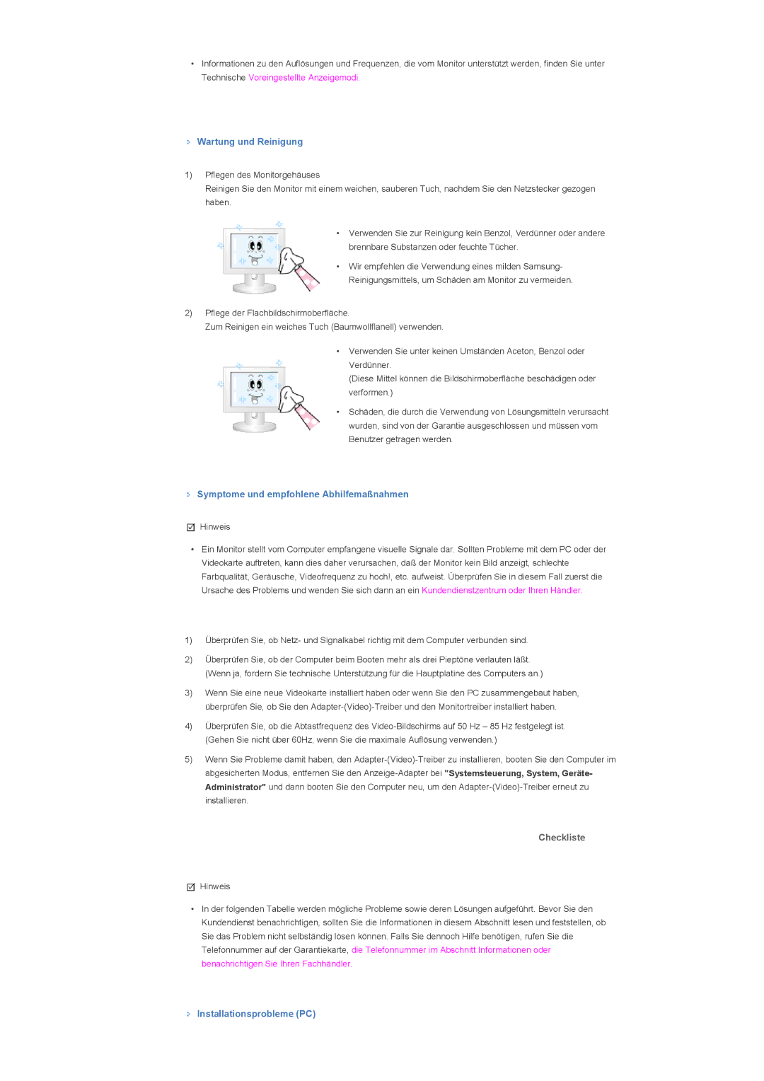 Samsung LH82TCTMBC/EN, LH70TCTMBC/EN manual Wartung und Reinigung, Symptome und empfohlene Abhilfemaßnahmen, Checkliste 