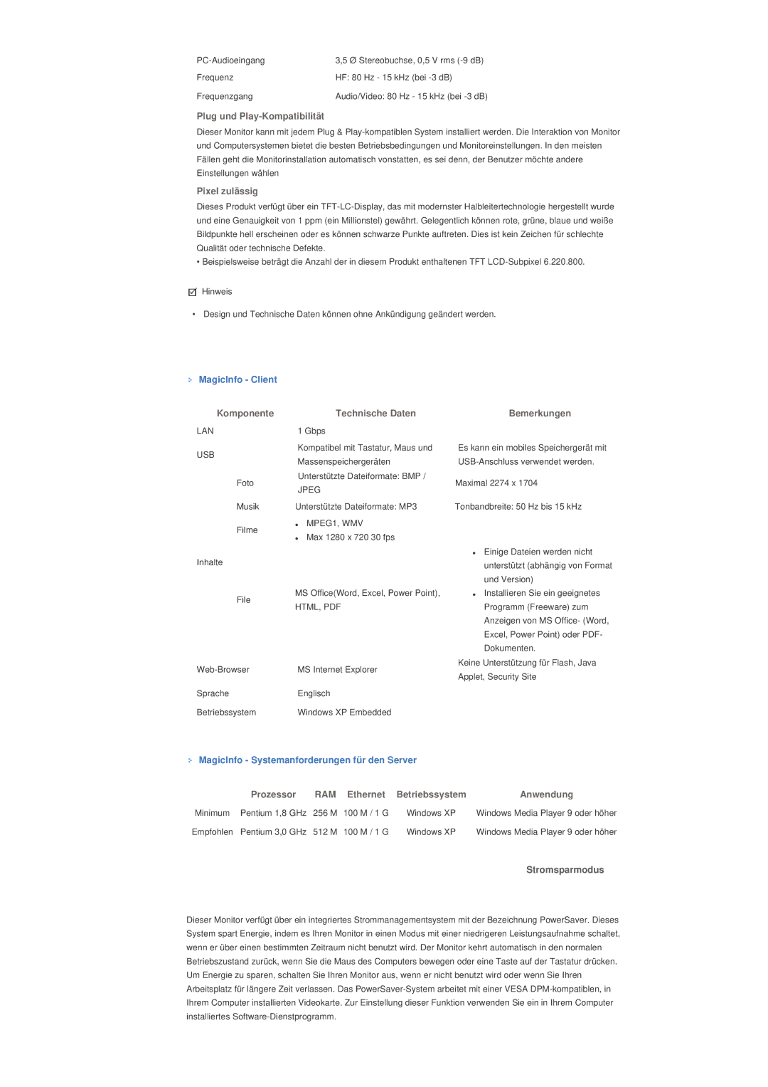 Samsung LH70TCTMBC/EN, LH82TCTMBC/EN manual MagicInfo Client, MagicInfo Systemanforderungen für den Server, Stromsparmodus 