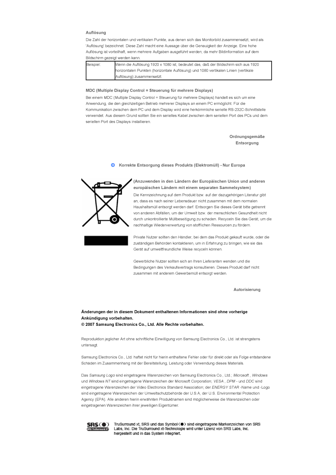 Samsung LH70TCTMBC/EN, LH82TCTMBC/EN manual Auflösung, Autorisierung 