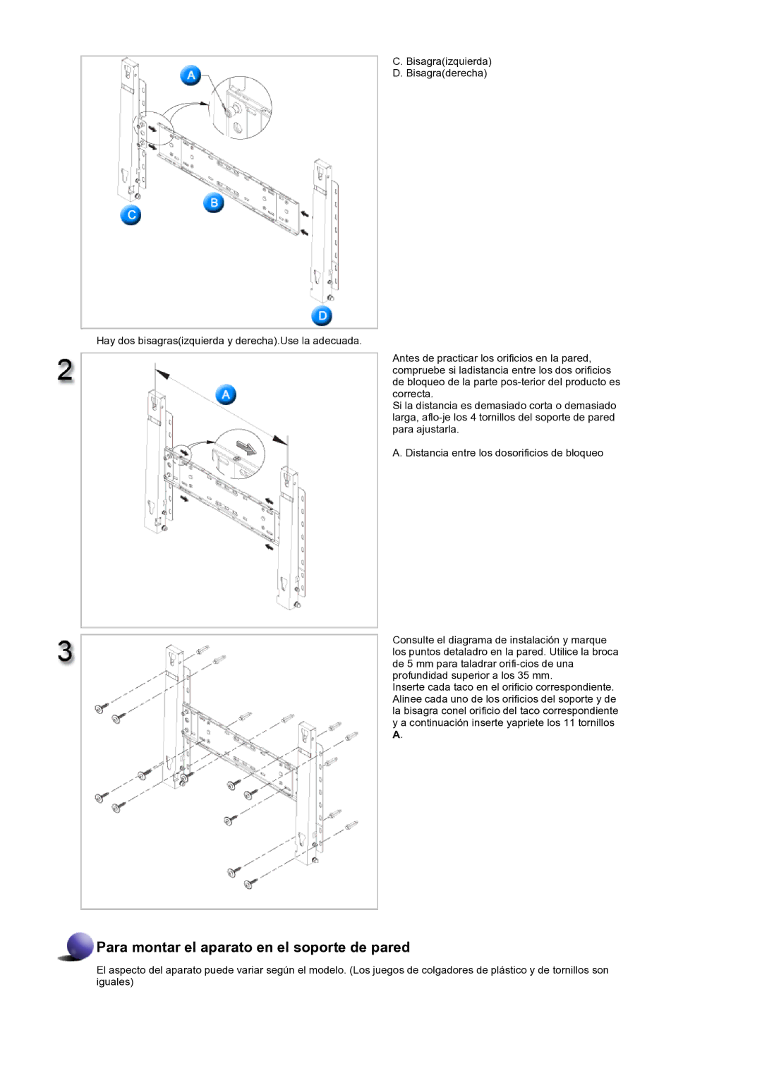 Samsung LH82TCTMBC/EN, LH70TCTMBC/EN manual Para montar el aparato en el soporte de pared 