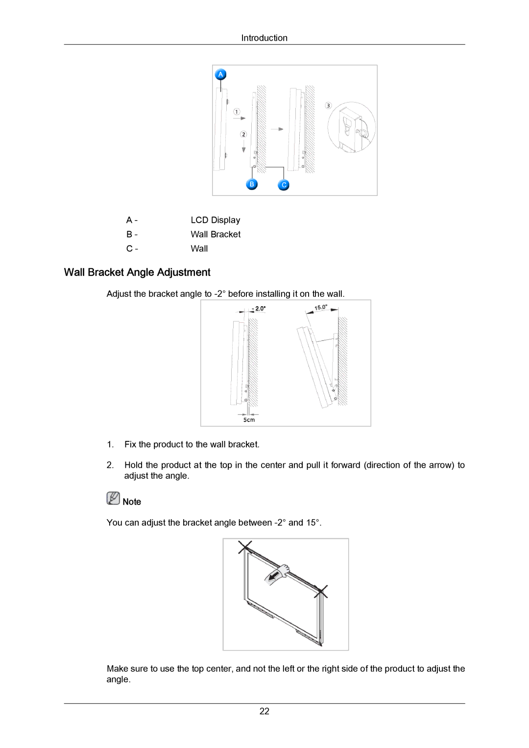 Samsung LH82TCUMBG/EN, LH70TCUMBG/EN, LH70TCSMBG/EN, LH70TCUMBG/XJ, LH70TCSMBG/XJ manual Wall Bracket Angle Adjustment 