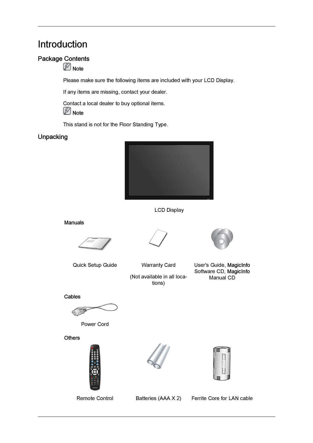 Samsung LH70TCSMBG/EN, LH70TCUMBG/EN, LH82TCUMBG/EN, LH70TCUMBG/XJ, LH70TCSMBG/XJ manual Package Contents, Unpacking 