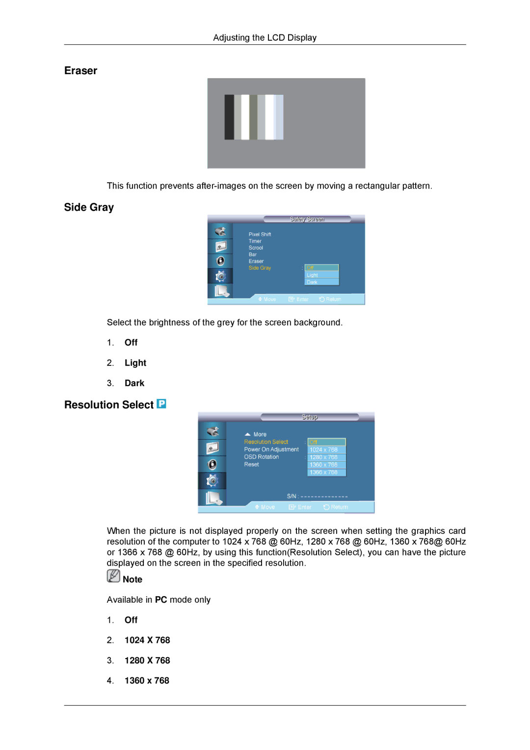 Samsung LH70TCSMBG/EN, LH70TCUMBG/EN manual Eraser, Side Gray, Resolution Select, Off Light Dark, Off 1024 X 1280 X 1360 x 