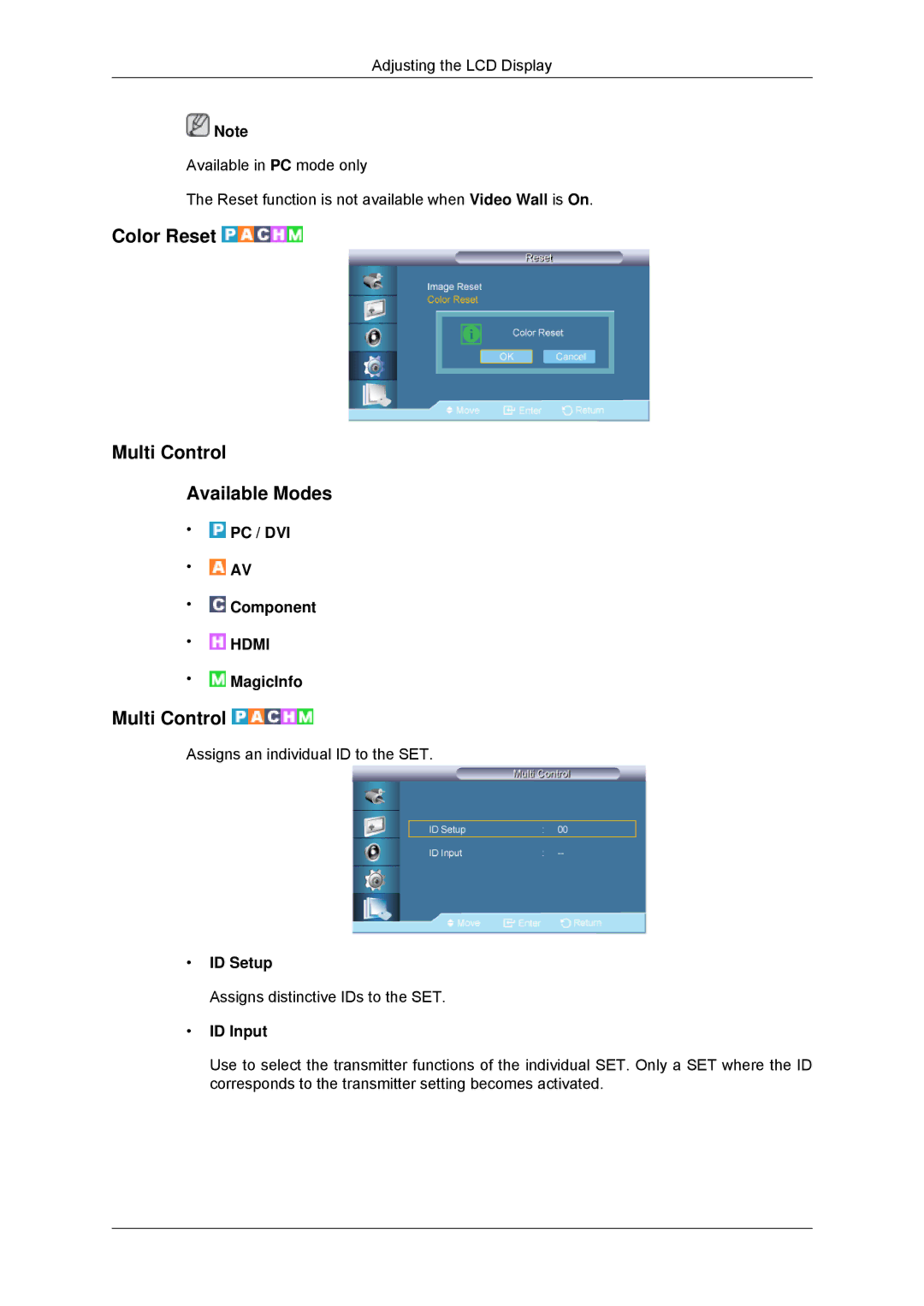 Samsung LH70TCSMBG/XJ, LH70TCUMBG/EN, LH82TCUMBG/EN manual Color Reset Multi Control Available Modes, ID Setup, ID Input 