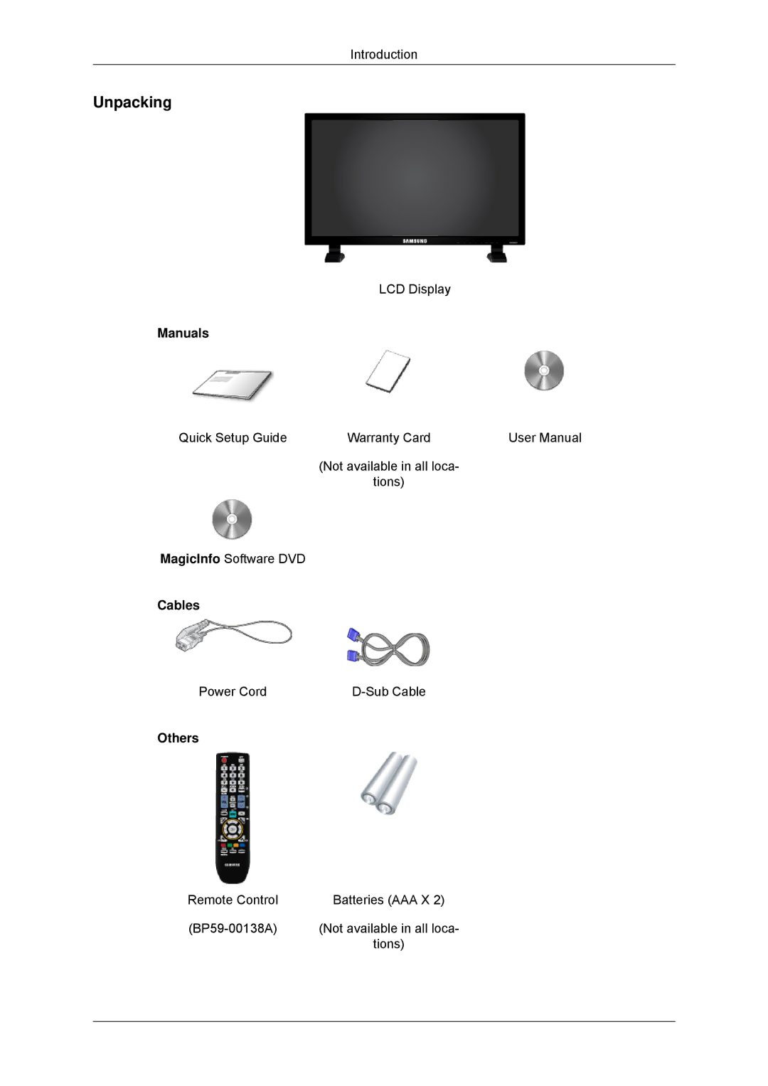 Samsung LH82TCUMBG/EN, LH70TCUMBG/EN, LH70TCSMBG/EN, LH70TCUMBG/XJ, LH70TCSMBG/XJ manual Unpacking, Manuals, Cables, Others 