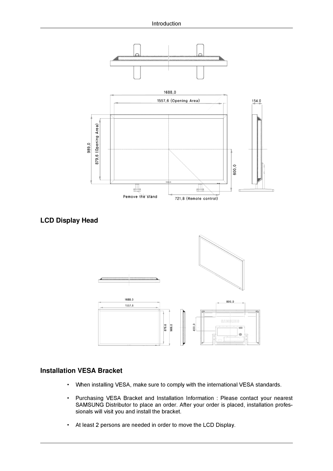 Samsung LH70TCSMBG/XJ, LH70TCUMBG/EN, LH82TCUMBG/EN, LH70TCSMBG/EN, LH70TCUMBG/XJ LCD Display Head Installation Vesa Bracket 