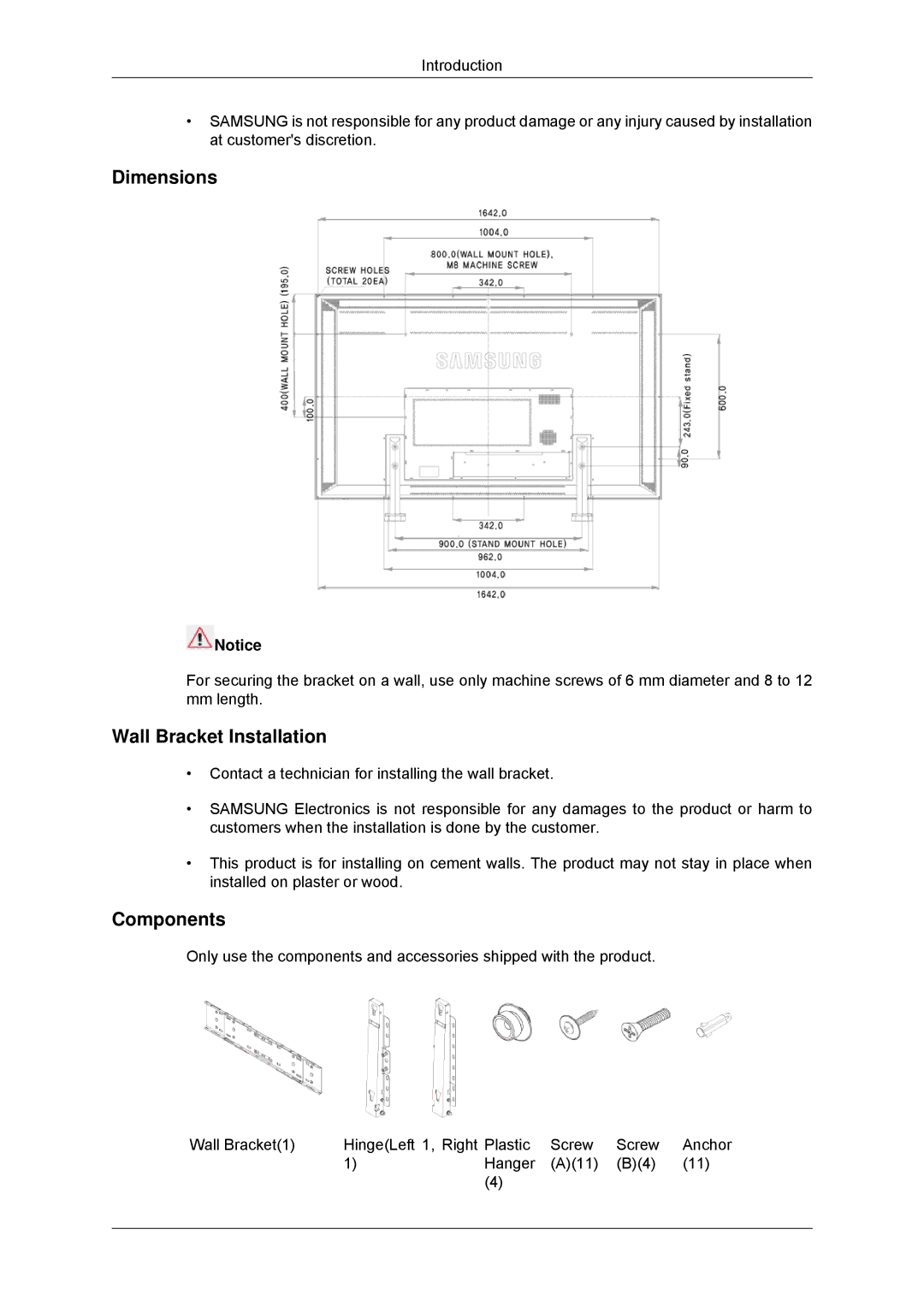 Samsung LH70TCUMBG/EN, LH82TCUMBG/EN, LH70TCSMBG/EN, LH70TCUMBG/XJ manual Dimensions, Wall Bracket Installation, Components 