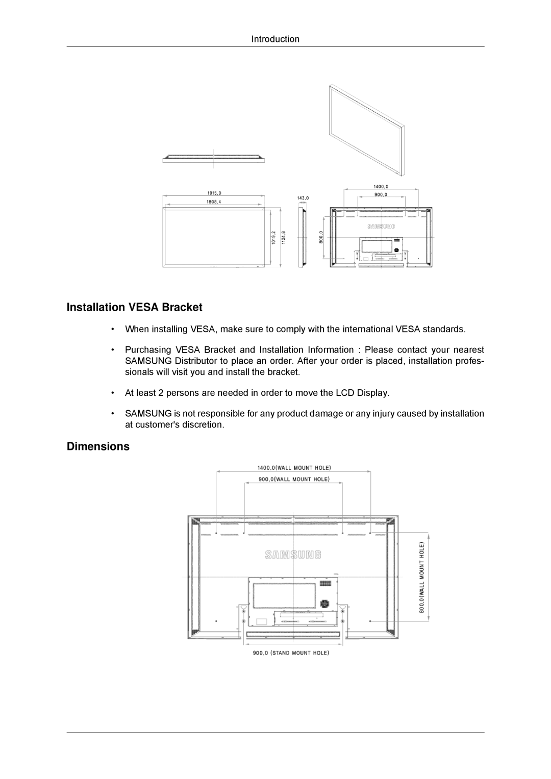 Samsung LH70TCUMBG/EN, LH82TCUMBG/EN, LH70TCSMBG/EN, LH70TCUMBG/XJ, LH70TCSMBG/XJ manual Installation Vesa Bracket 