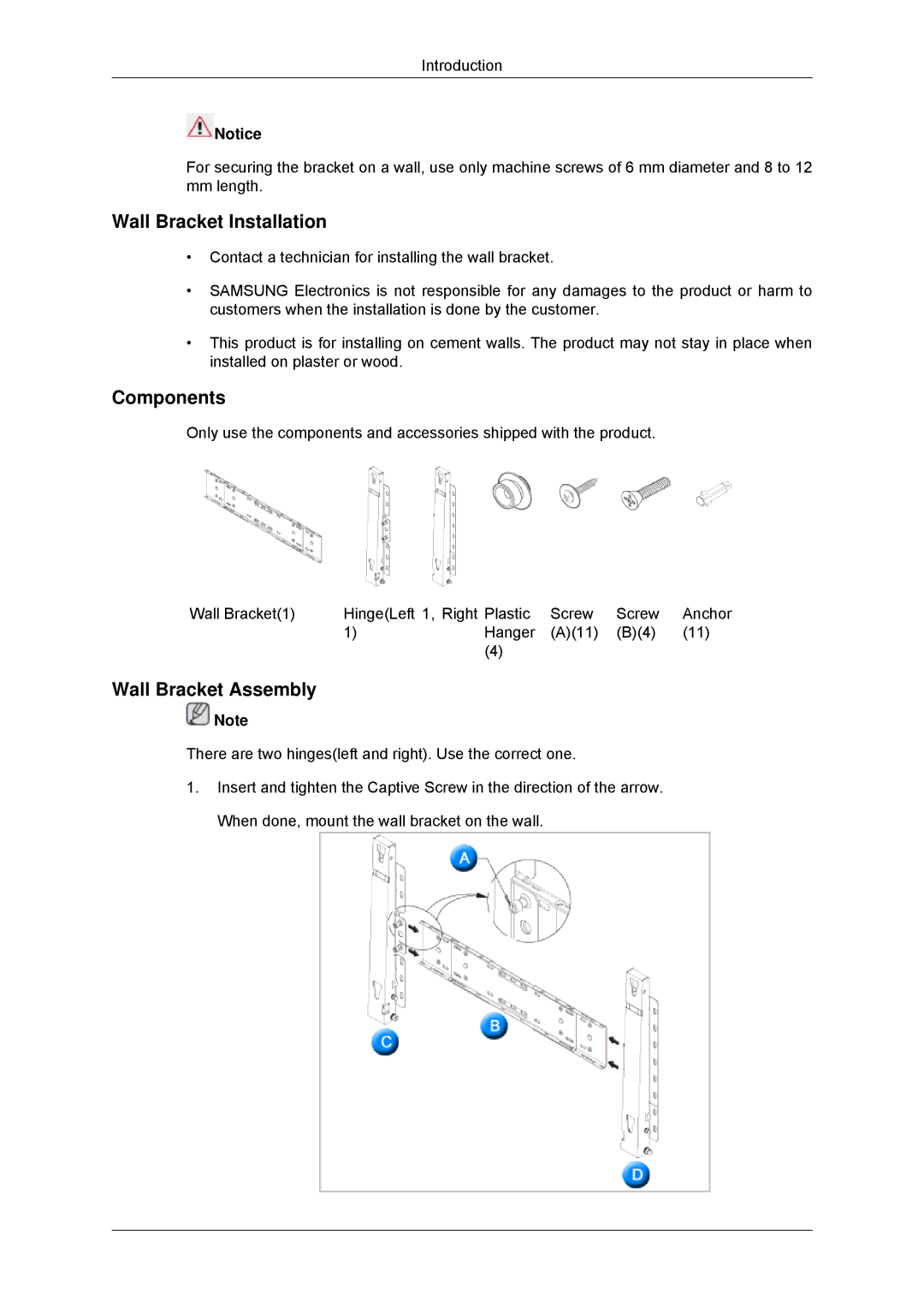 Samsung LH82TCUMBG/EN, LH70TCUMBG/EN, LH70TCSMBG/EN, LH70TCUMBG/XJ, LH70TCSMBG/XJ manual Wall Bracket Installation 